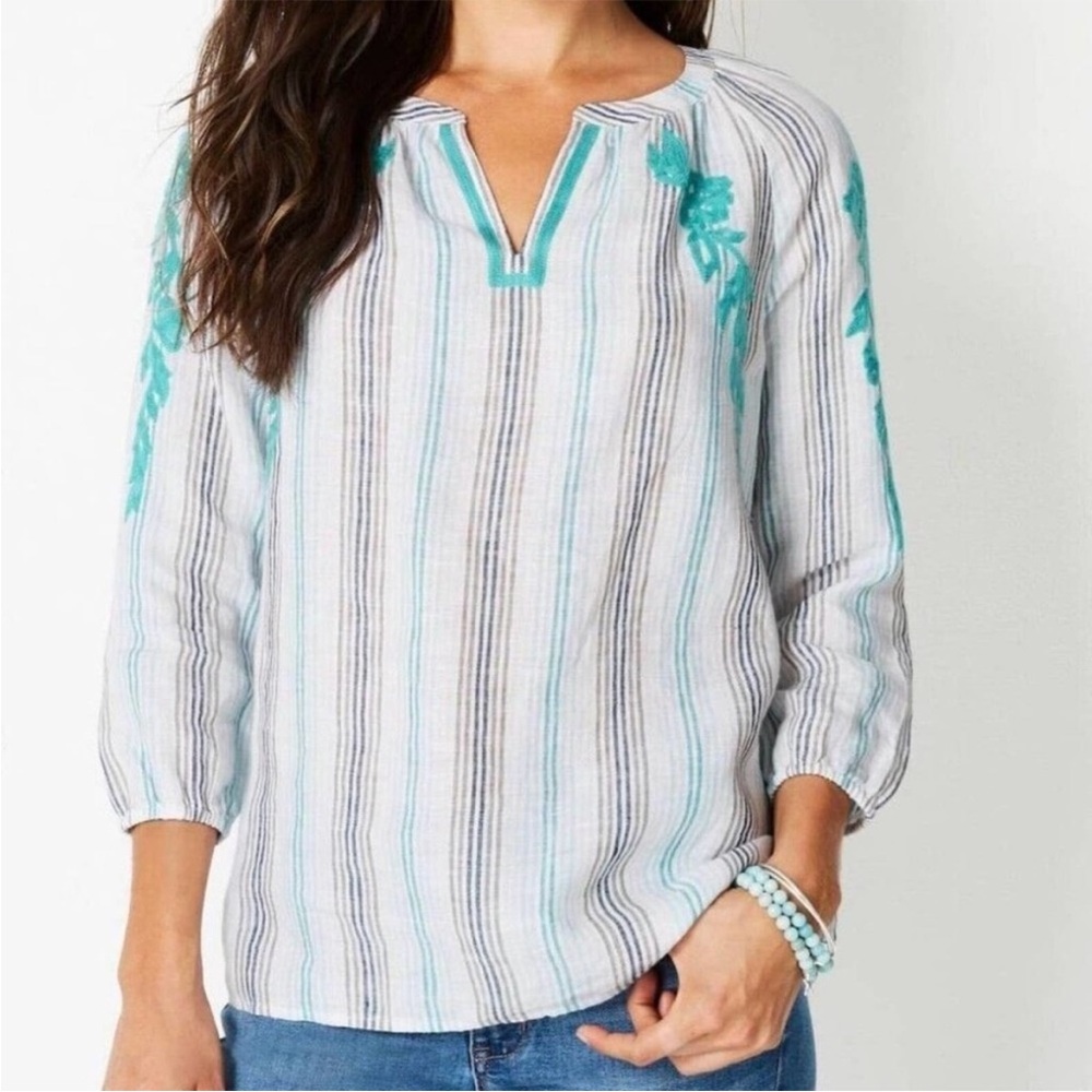 J. Jill Love Linen Embroidered Striped Peasant Boho Tunic Top Blouse Linen XL